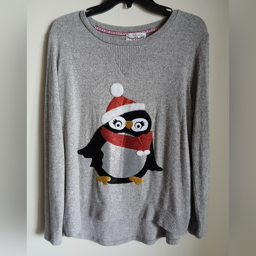 Thyme & Honey Gray Penguin Sweater Size Medium  Christmas
